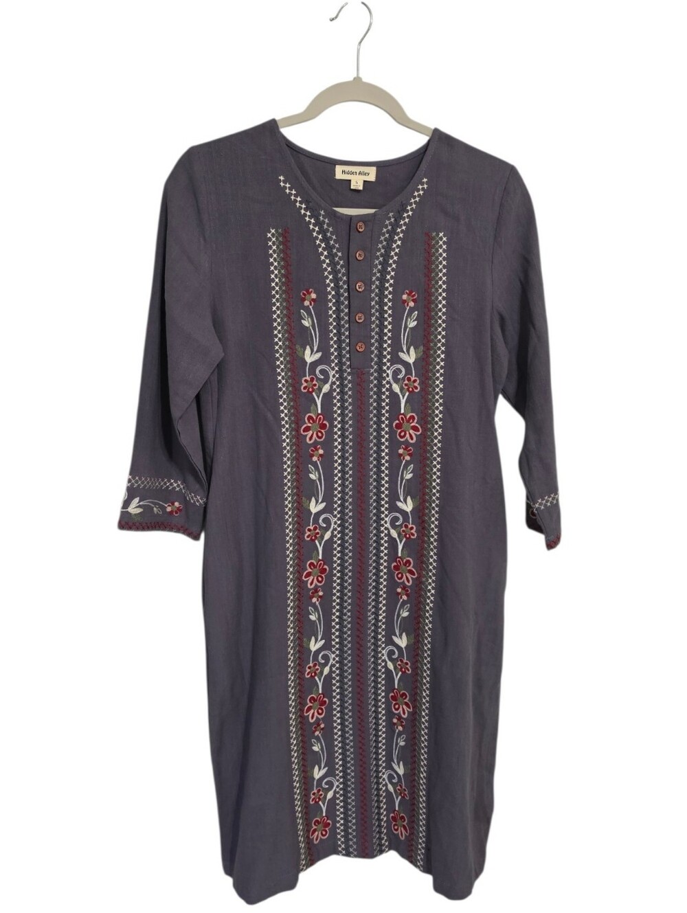 Hidden Alley Gray Linen Floral Embroidered Midi Dress S Lagenlook Indie Earthy